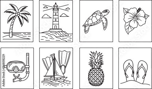 Line drawings of historical artifacts and natural elements from various cultures Vector
