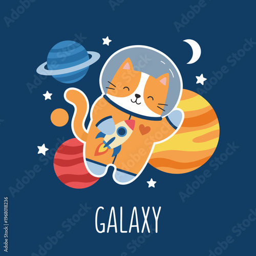 This cute illustration depicts a cheerful cat dressed as an astronaut, surrounded by planets and stars, celebrating adventure and curiosity in the cosmos.