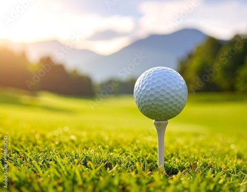 A golf ball sits on a tee, ready for a swing, with a blurred green fairway, trees, and mountains in the sun