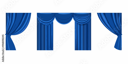 A set of three royal blue curtains with draped and gathered folds