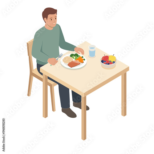 Man sitting at a table eating food with a drink and fruit
