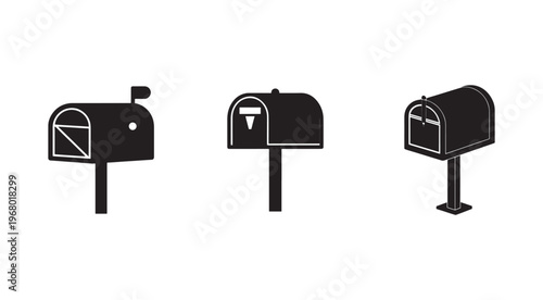 Three black and white mailboxes on posts in different angles and styles for postal service  mail delivery  communication