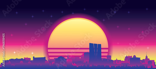 Purple generic retro futuristic synthwave panoramic poster of the city skyline with misty background sunset buildings of MARSEILLE, FRANCE