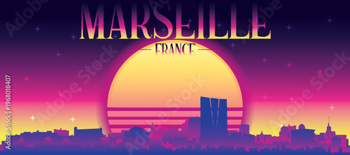 Purple generic retro futuristic synthwave panoramic poster of the city skyline with misty background sunset buildings of MARSEILLE, FRANCE