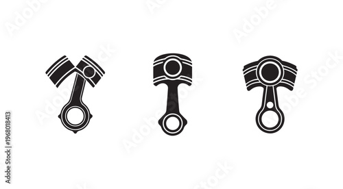 Three black and white piston engine parts in different orientations on white background  industrial machine components