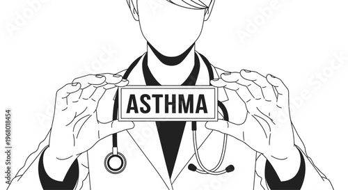 Doctor holding a sign with text ASTHMA, medical illustration.