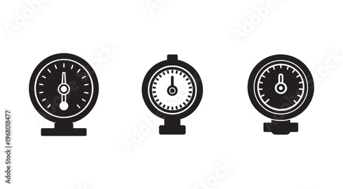 Three black and white pressure gauge icons with dials and stands in different orientations on white background