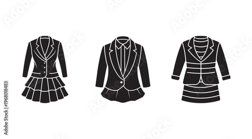 Three black and white school uniform silhouettes for girls with skirts and blazers  business casual outfits for women