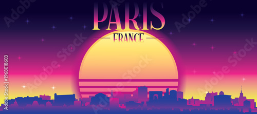 Purple generic retro futuristic synthwave panoramic poster of the city skyline with misty background sunset buildings of PARIS, FRANCE
