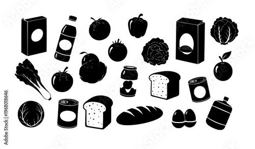 Modern grocery items silhouette collection with dynamic food icons for shopping and nutrition design