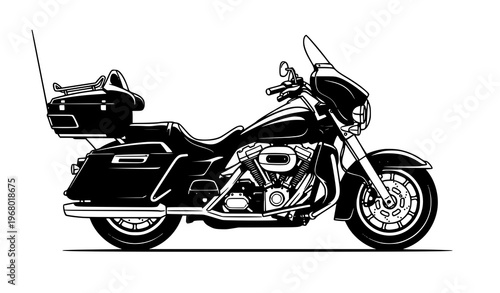 Classic touring motorcycle silhouette with saddlebags and fairing side view vector illustration