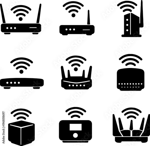 black and white wifi router icons set