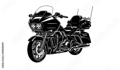 Touring motorcycle angled silhouette with saddlebags and fairing modern transport vector design
