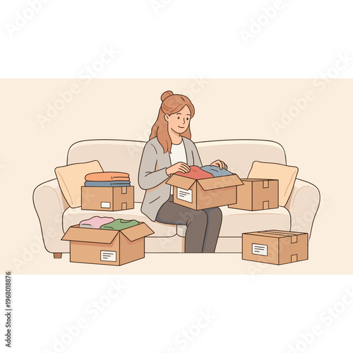 A woman sits on a couch unpacking and organizing colorful items from cardboard boxes.