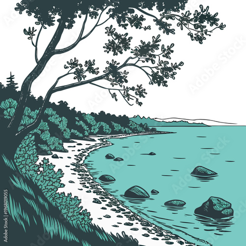 A serene coastal landscape depicts a lush green shoreline meeting calm turquoise waters under a clear expansive sky high quality