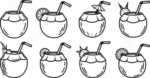 Line drawings of eight different teapots with various handles and lids Vector