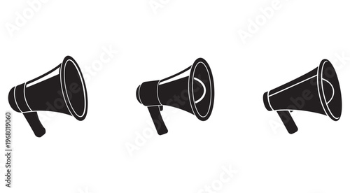 Three black bullhorns with white outlines shown from different angles on white background  loudspeakers for public speaking and announcements