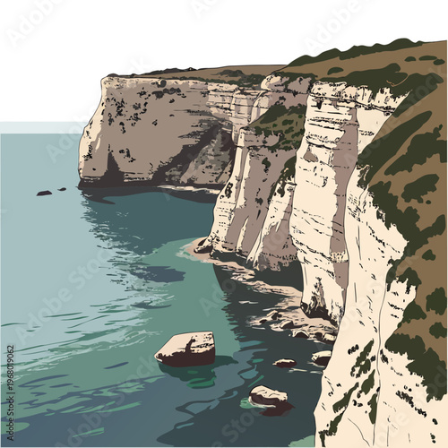 A picturesque illustration depicts dramatic white cliffs overlooking a calm blue sea with rocky formations and sparse vegetation high quality