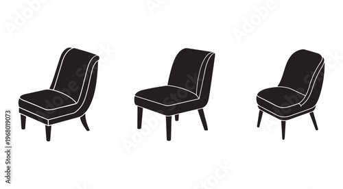 Three black chairs with white outlines in different angles and positions  modern furniture design elements