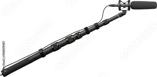 Professional shotgun microphone on boom pole isolated on transparent background