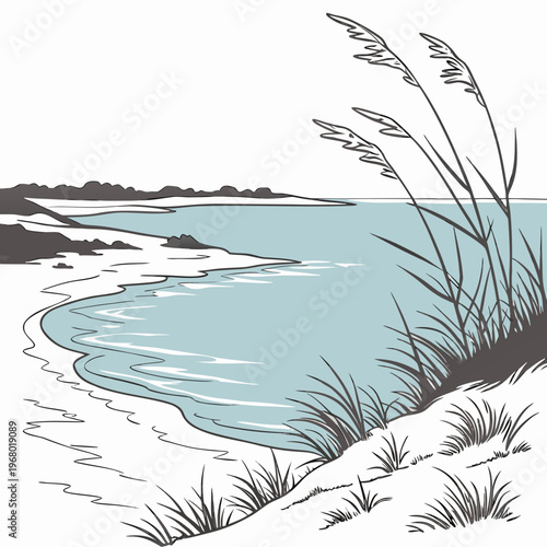 A stylized illustration depicts a tranquil coastal scene with gentle waves sandy shores and tall grasses high quality professional detailed