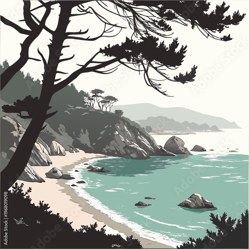 A serene coastal landscape depicts a rocky shoreline gentle waves and distant mountains under a pale sky high quality professional