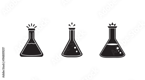 Three black conical flasks with liquids and reactions  laboratory equipment for chemistry  science and research tools  educational icons