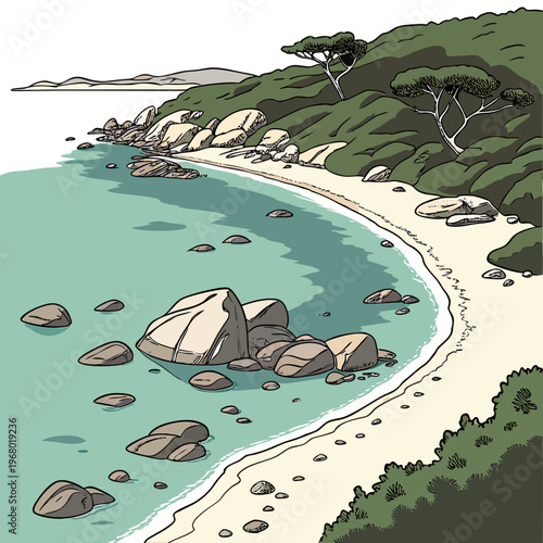 A stylized illustration depicts a serene coastal landscape with turquoise water gently lapping against a rocky sandy shore high quality