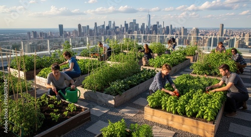 People cultivating a vibrant rooftop garden with a sprawling city skyline in the background on a sunny day.