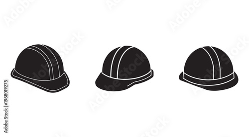 Three black construction helmets with white lines isolated on white background for safety and protection concepts  industrial headgear