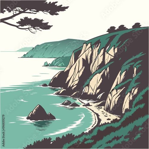 A serene coastal landscape depicts rugged cliffs meeting the ocean with rolling hills and a stylized minimalist aesthetic high quality
