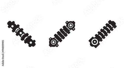 Three black cylindrical mechanical parts with gears and holes for industrial or technical applications on white background