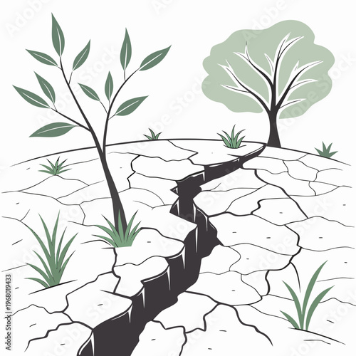 A stark illustration depicts a barren landscape fractured by a large earthquake fault line with sparse vegetation high quality professional