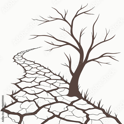 A winding stone pathway leads towards a stark bare tree against a simple neutral background creating a desolate scene