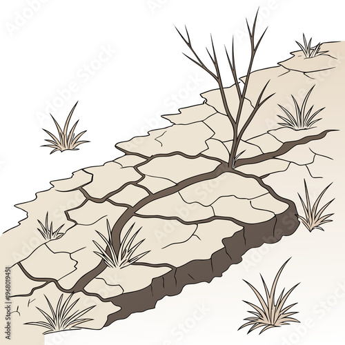 A stark illustration depicts cracked arid earth with sparse vegetation showcasing the harsh effects of drought and land degradation