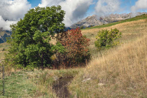 countryside landscape crossed by a small stream through the fields and peak m...