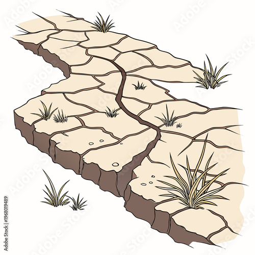 A stylized illustration depicts severely cracked and dry earth with sparse vegetation struggling to survive in arid conditions high quality