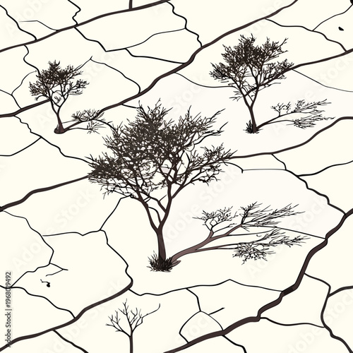 A minimalist illustration depicts silhouetted trees scattered across a cracked beige surface evoking a sense of aridity and resilience
