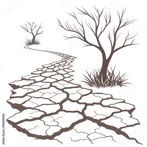 A winding stone pathway leads towards sparse trees in a desolate dry landscape with cracked earth below high quality professional