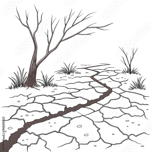 A stark illustration depicts a barren landscape with a cracked earth a solitary tree and sparse vegetation high quality professional