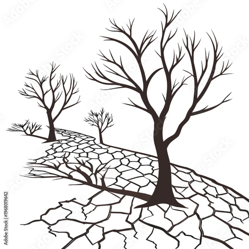 A stark illustration depicts barren trees rising from cracked dry earth symbolizing drought and environmental distress in a desolate landscape