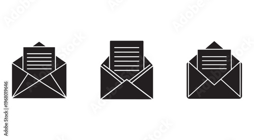 Three black envelope icons with white outline and letter inside  email communication symbol