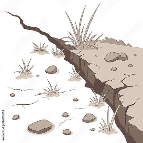 A stylized illustration depicts a significant earth fissure splitting the ground surrounded by sparse vegetation and rocky debris high quality
