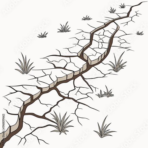 A winding cracked pathway extends through a barren landscape with sparse stylized vegetation and a dry desolate feel high quality