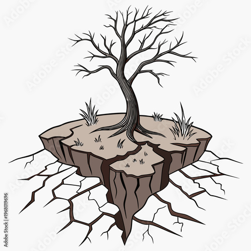 A stark illustration depicts a bare tree growing from a floating cracked island symbolizing fragility and environmental decay high quality