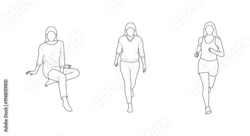 Office Women Top View – Black Silhouette CAD Illustration Set