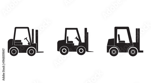 Three black forklift truck icons in different positions on white background  industrial equipment for lifting and moving heavy loads