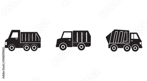 Three black garbage trucks side view  waste management vehicles  urban sanitation  truck silhouettes