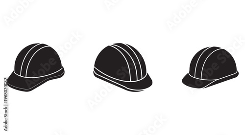 Three black hard hats with white outlines shown from different angles for construction safety  isolated on white background