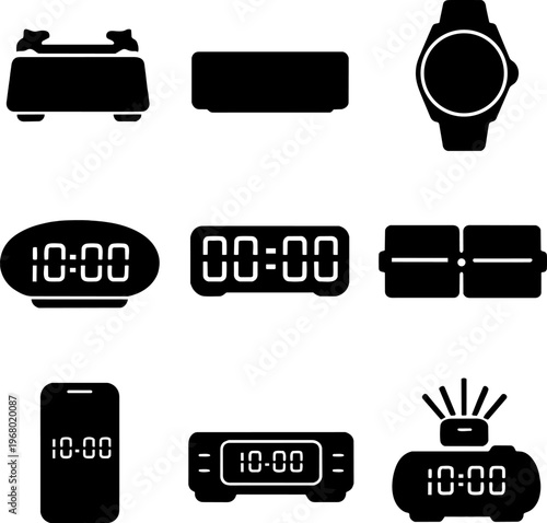 black silhouettes of various digital clocks and time displays